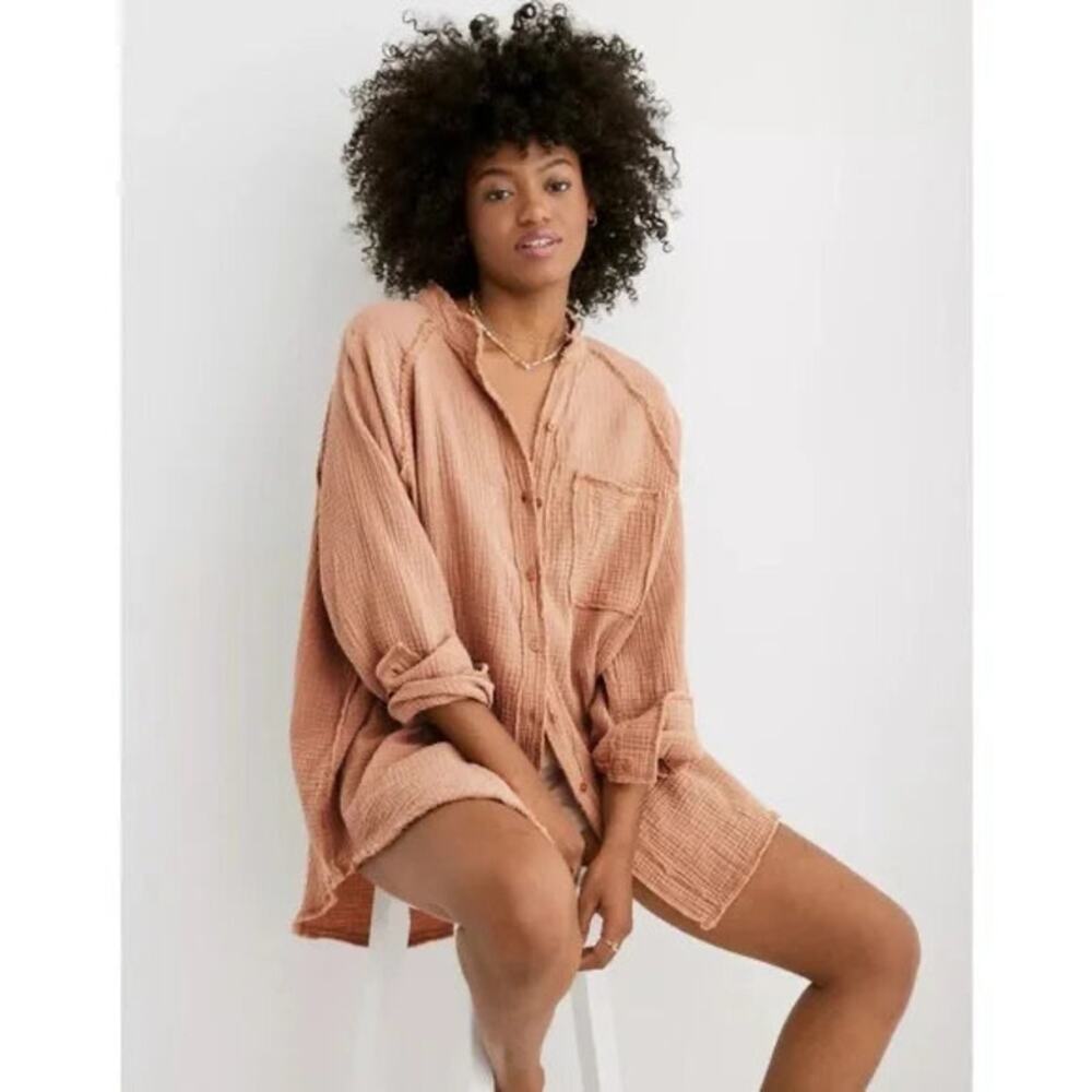 AERIE OVERSIZED GAUZE BUTTON UP - BROWN